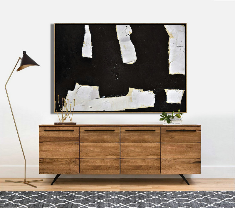 Hand-Painted Canvas Art,Horizontal Palette Knife Minimal Canvas Art Painting Black White Beige - Acrylic Painting Canvas Art